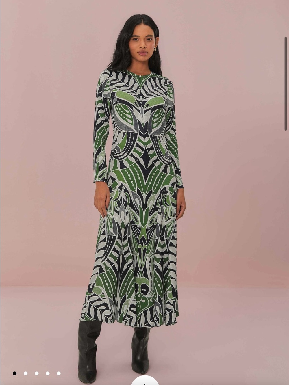 FARM Rio Green, Black & White Botanical Long Sleeve Maxi Dressed